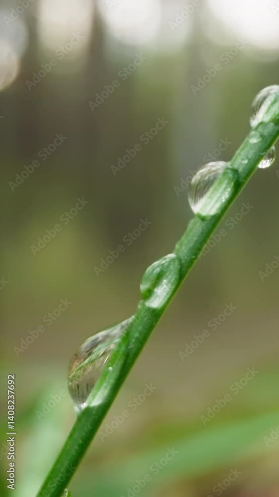 Green stem blade of grass on forest clearing covered with dew drops in morning. Crystal water glistens on grass after rain on blurred background Green stem blade of grass on forest clearing covered with dew drops in morning. Crystal water glistens on grass after rain on blurred background