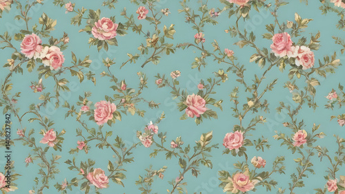 Pink roses and leaves creating a vintage floral pattern on a turquoise background