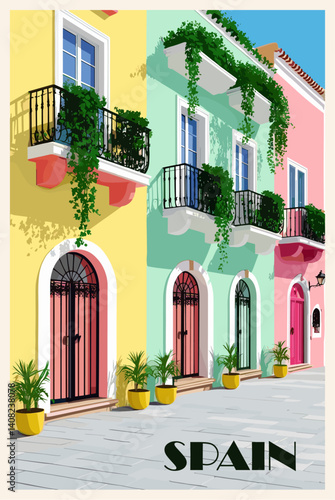 Spain Travel Destination Poster in retro style. Cityscape digital print. European summer vacation, holidays concept. Vintage vector colorful illustration