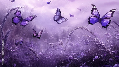 Purple butterflies in the field, a beautiful purple background, photography, dreamy