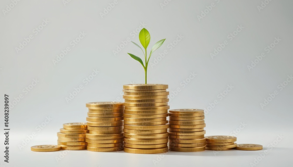 Growing Plant on Stack of Golden Coins Symbolizing Financial Growth and Sustainability in a Modern Economy Growing Plant on Stack of Golden Coins Symbolizing Financial Growth and Sustainability in a Modern Economy