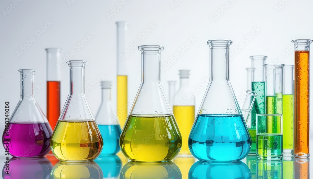 Colorful Glass Labware Filled With Various Liquids in a Modern Laboratory Setting for Scientific Experiments Colorful Glass Labware Filled With Various Liquids in a Modern Laboratory Setting for Scientific Experiments