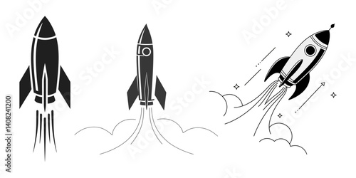 Rocket launching silhouette vector illustration isolated on a white background, Rocket icons set. Space ship launch icon collection. Rocket ship launch concept. Space rocket launch with fire. Rocket. 