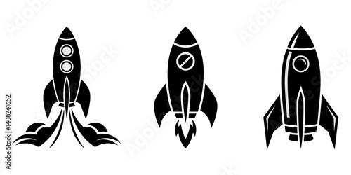 Rocket launching silhouette vector illustration isolated on a white background, Rocket icons set. Space ship launch icon collection. Rocket ship launch concept. Space rocket launch with fire. Rocket. 
