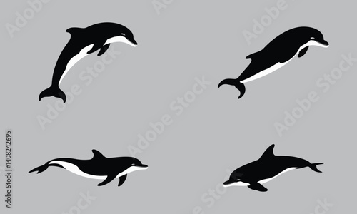 Black vector silhouettes illustrate a set of dolphins, wild animals of the sea