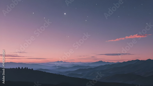 Wallpaper Mural Majestic mountain landscape with pink and violet sky full of stars Torontodigital.ca