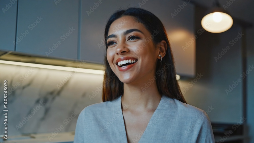 The woman is laughing, showing the joy she derives from preparing food.