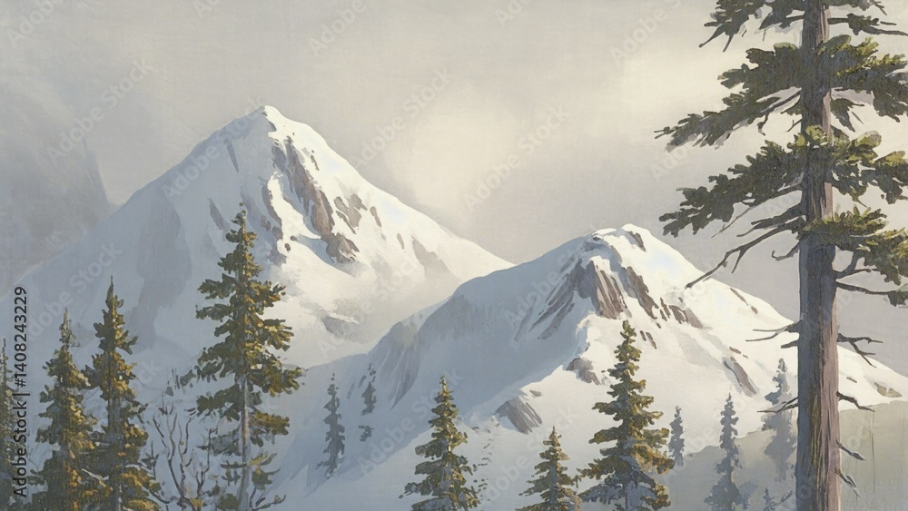 Spectacular mountain vista with snow-covered peaks and dense pine forests. Perfect for nature enthusiasts seeking a tranquil winter retreat.