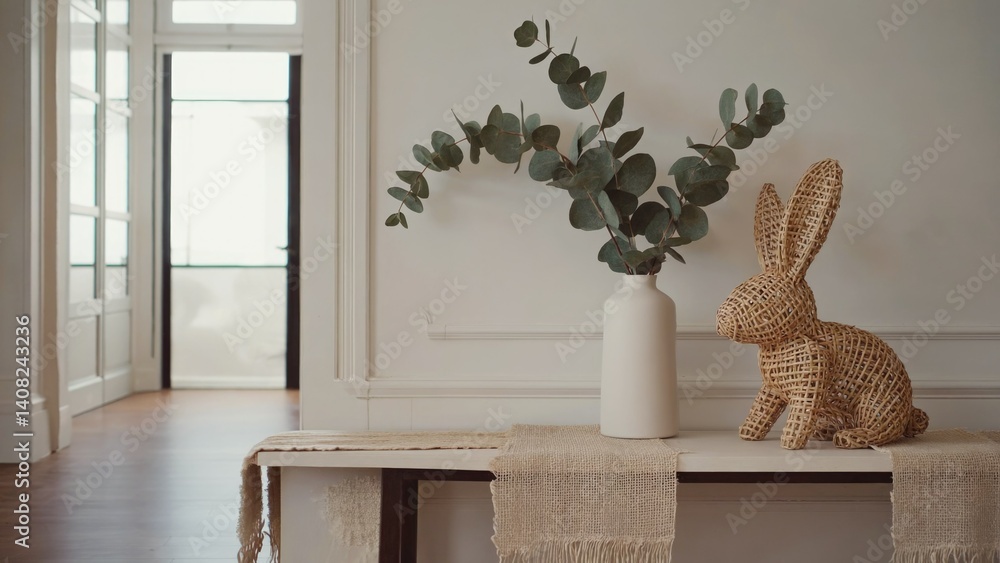 Tabletop with bunny figurine and plant