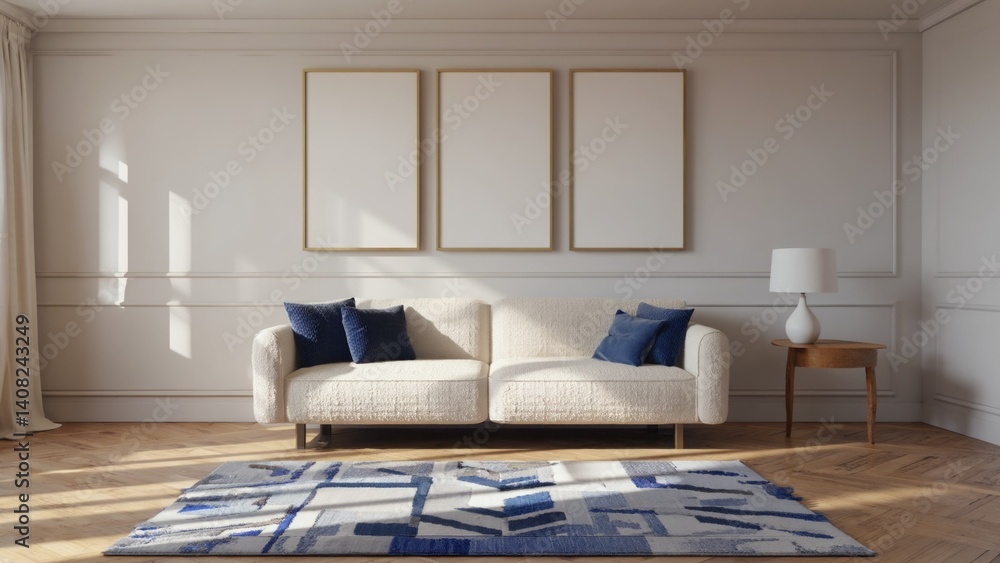 This is a beautifully designed modern living room with natural sunlight streaming in from a large window, illuminating the space and highlighting its contemporary furnishings.
