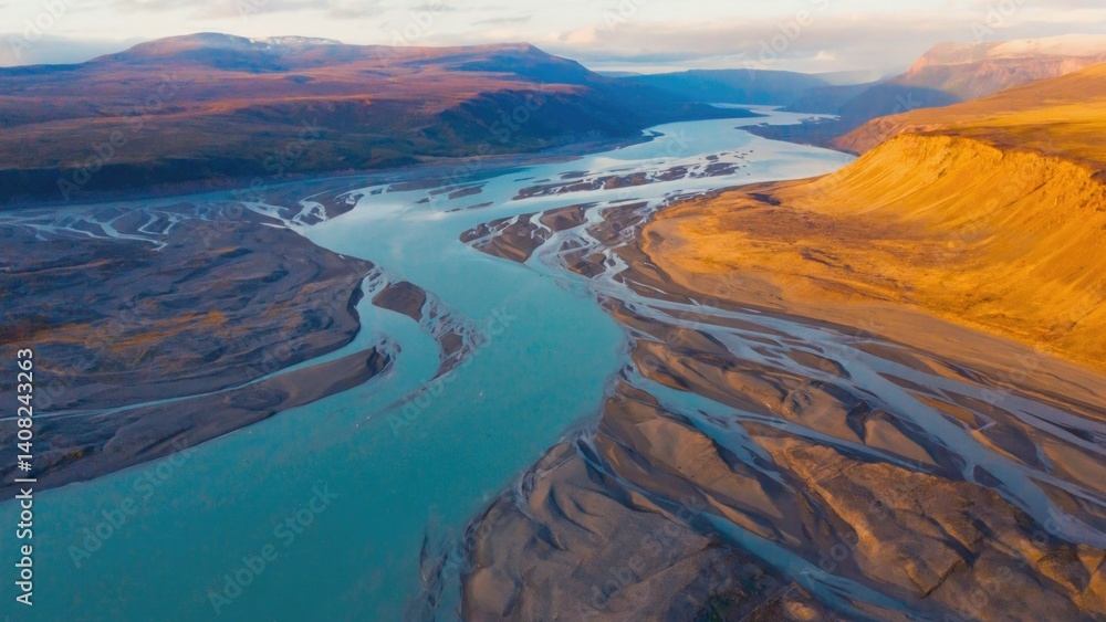 A broad, winding river in a rugged terrain with rocky banks and steep cliffs.