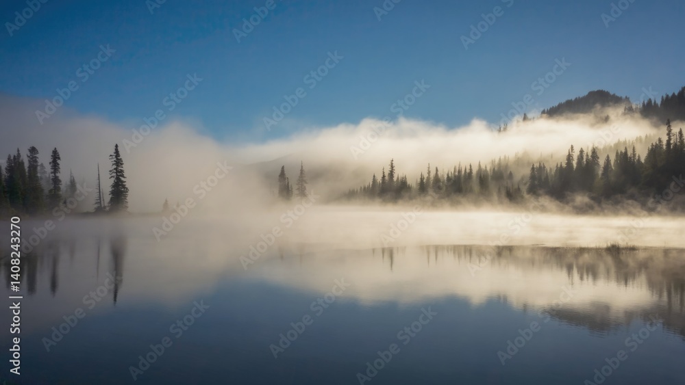 Peaceful misty lake scene with trees reflecting in the water at dawn. Mountains and forested landscape.