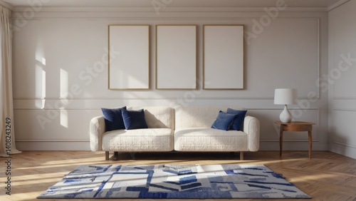 Obraz na płótnie This is a beautifully designed modern living room with natural sunlight streaming in from a large window, illuminating the space and highlighting its contemporary furnishings. w salonie