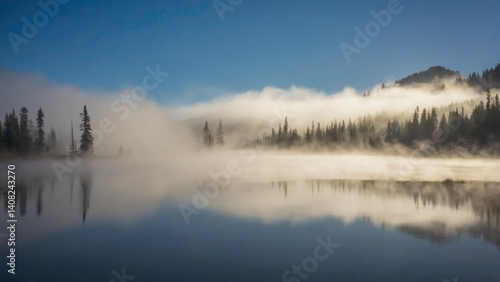 Obraz na płótnie Peaceful misty lake scene with trees reflecting in the water at dawn. Mountains and forested landscape. w salonie