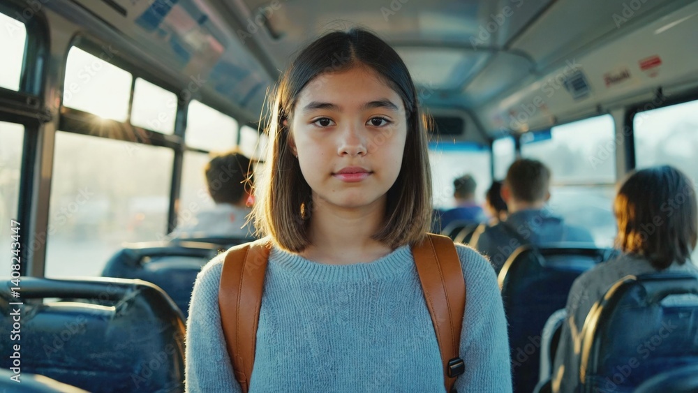A young woman with short hair is waiting on a city bus, looking out the window, with backlit interior and blurred background.