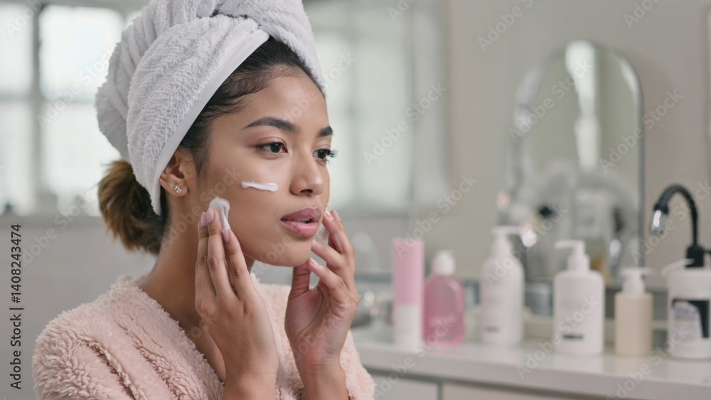 Person grooming, applying products, makeup