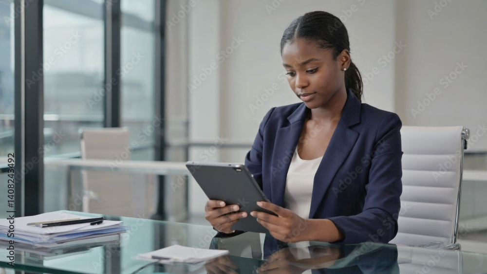 A professional woman wearing a suit holding and using a tablet computer in an office setting.