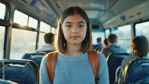 Obraz na płótnie A young woman with short hair is waiting on a city bus, looking out the window, with backlit interior and blurred background. w salonie