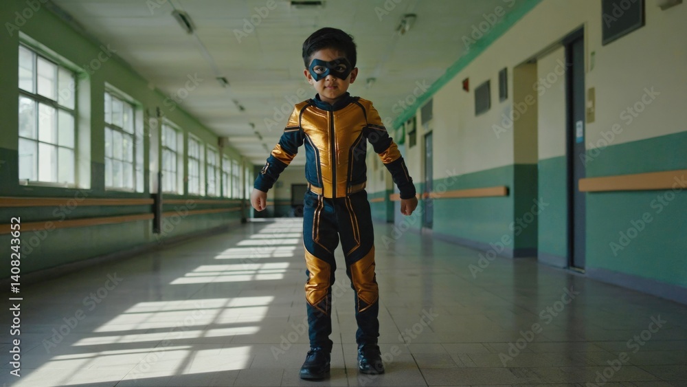 A child dressed in a superhero outfit, standing in the corridor of an educational institution.