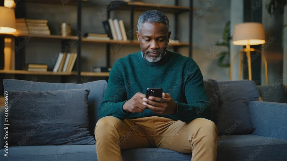 A middle-aged man relaxing on a couch, deeply engrossed in his phone.