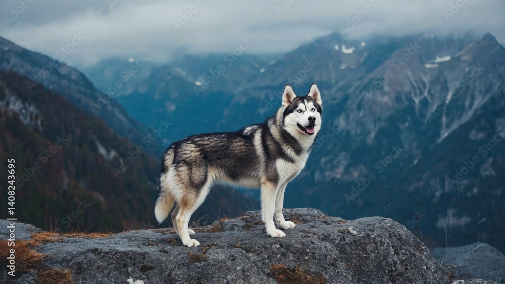 A majestic Husky dog sitting on a rocky peak with a snow-capped mountain in the background.