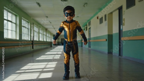Obraz na płótnie A child dressed in a superhero outfit, standing in the corridor of an educational institution. w salonie