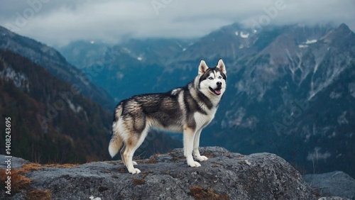 Obraz na płótnie A majestic Husky dog sitting on a rocky peak with a snow-capped mountain in the background. w salonie