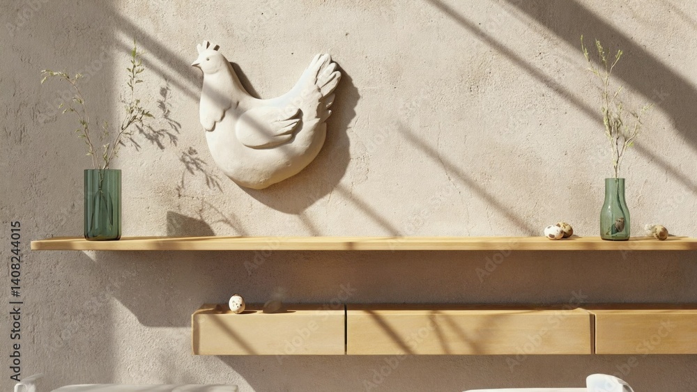 Beautifully designed wooden shelf in a modern kitchen against a brick wall, enhancing the homey and elegant feel.