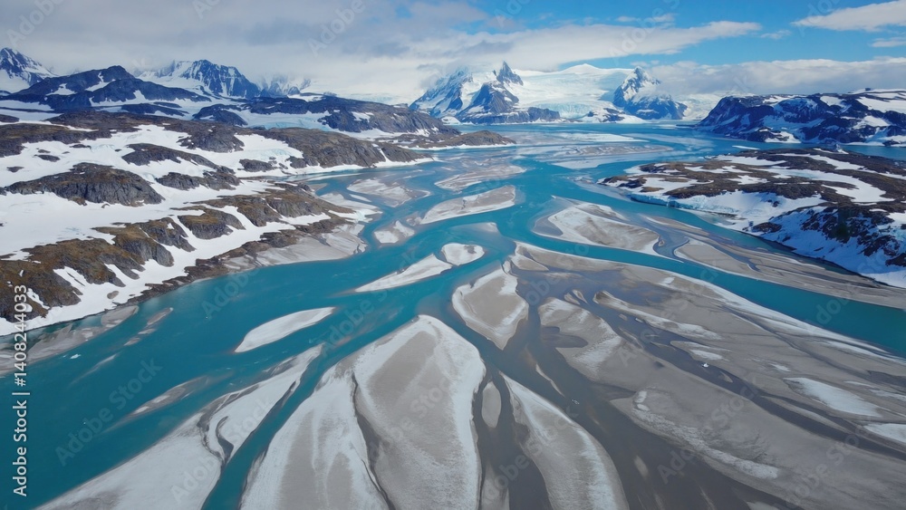 A panoramic view of a frozen landscape, showcasing the rugged beauty of mountains and the vastness of the cold environment.