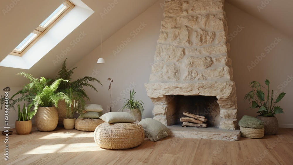 An interior design showcase with a modern living room featuring a stone fireplace, minimalist furniture, and natural light streaming in.