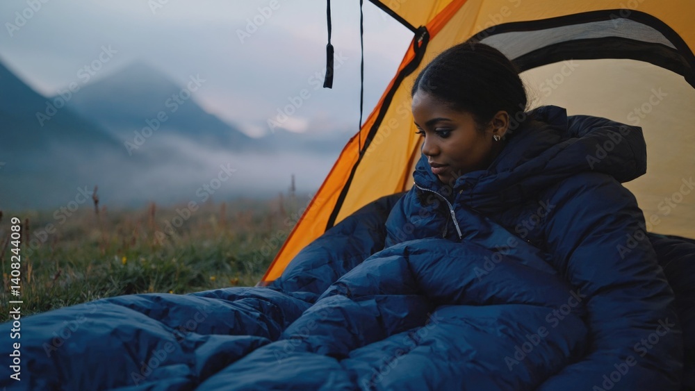 A person resting in a tent, looking out at the scenic mountainside during sunset.