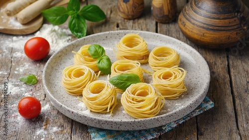 Obraz na płótnie Close-up of pasta dish, freshly made and ready to serve. Plate on wooden table with cooking tools in the background. w salonie