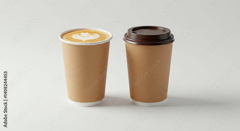 Hot coffee and milk in a white disposable paper cup with a lid Hot coffee and milk in a white disposable paper cup with a lid