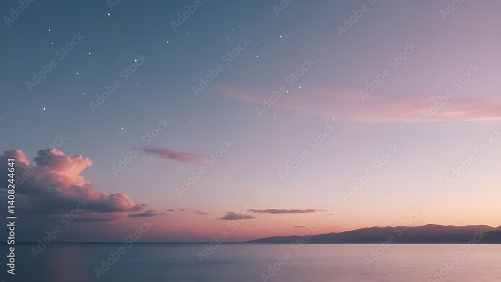 Fototapeta premium Beautiful seascape with stars and pink clouds at sunset