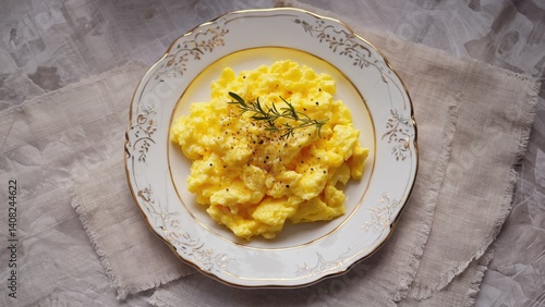 Scrumptious yellow eggs served on a delicate white plate, adorned with fresh parsley. A perfect start to the day.