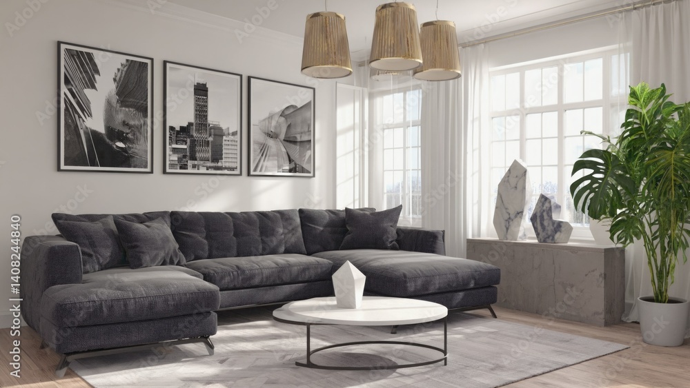 This is a modern living room with gray couches in the center of the image.