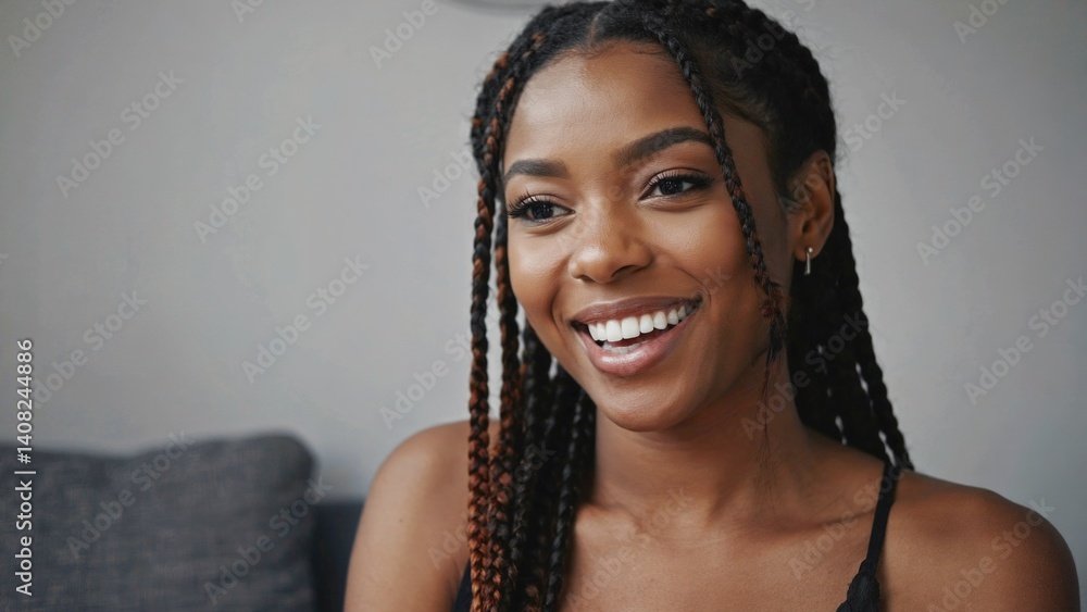 Happy and smiling woman in an interview, having a candid conversation. Genuine expression. Lifestyle concept.