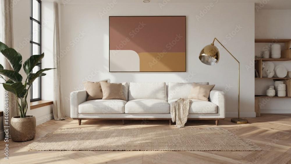 A stylish living room with minimalist decor, featuring a large window allowing natural light to fill the space.
