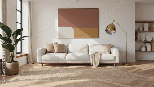 A stylish living room with minimalist decor, featuring a large window allowing natural light to fill the space. 