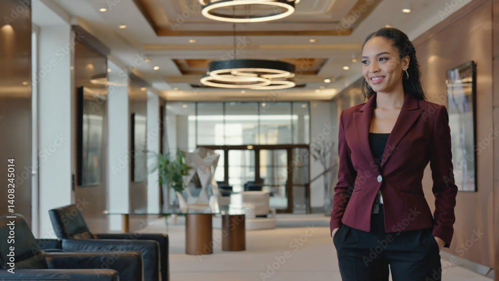 A smiling, professional woman standing in a modern office reception area, dressed in business attire.
