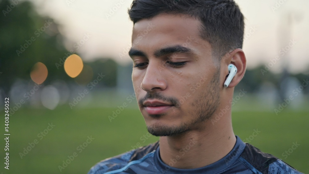 Young male with earbuds, focused expression, sporty attire, outdoor setting, sunset glow.