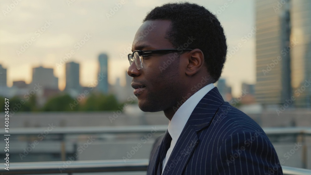 Male African American businessman dressed professionally, commuting to work at sundown with city skyline in background.