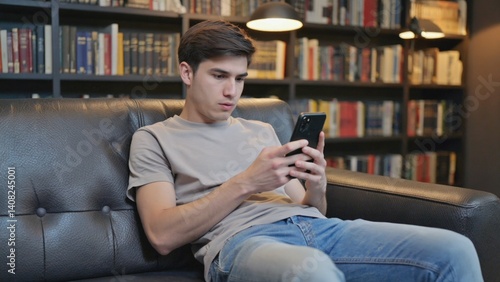 Obraz na płótnie A young man sitting on a black leather sofa, texting on his cell phone in a library with a collection of books in the background. w salonie