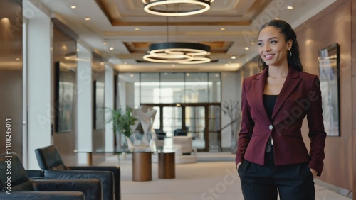 A smiling, professional woman standing in a modern office reception area, dressed in business attire.