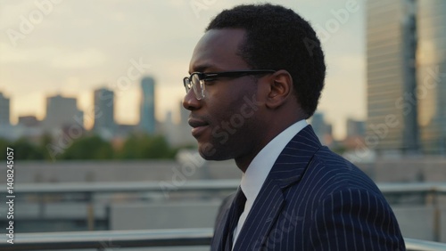 Obraz na płótnie Male African American businessman dressed professionally, commuting to work at sundown with city skyline in background. w salonie