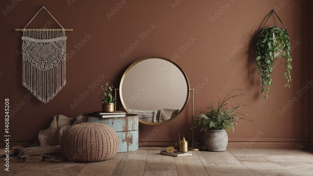 Mirror on a wooden stand, vase with greenery, and textured wall in a cozy living space.