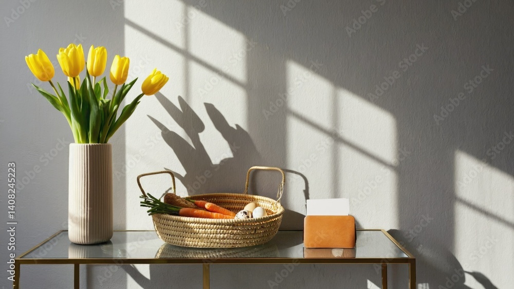 Sunlit interior scene with vase of yellow tulips, wicker basket filled with fruits and vegetables on wooden table.