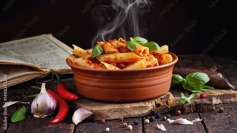 Italian-style pasta dish with sauce and fresh herbs on a wooden table.