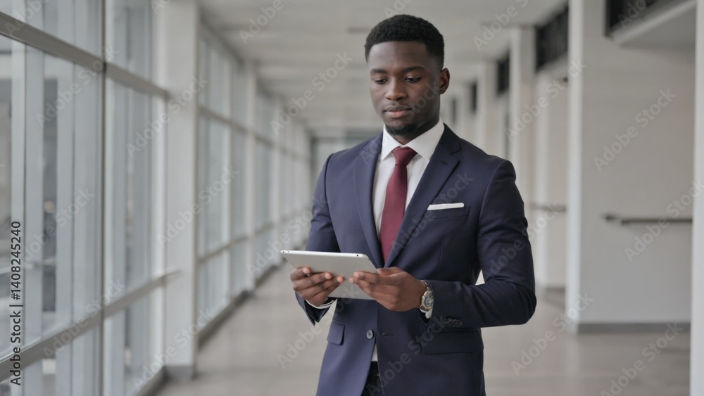 African man in suit looking at tablet, modern office environment.