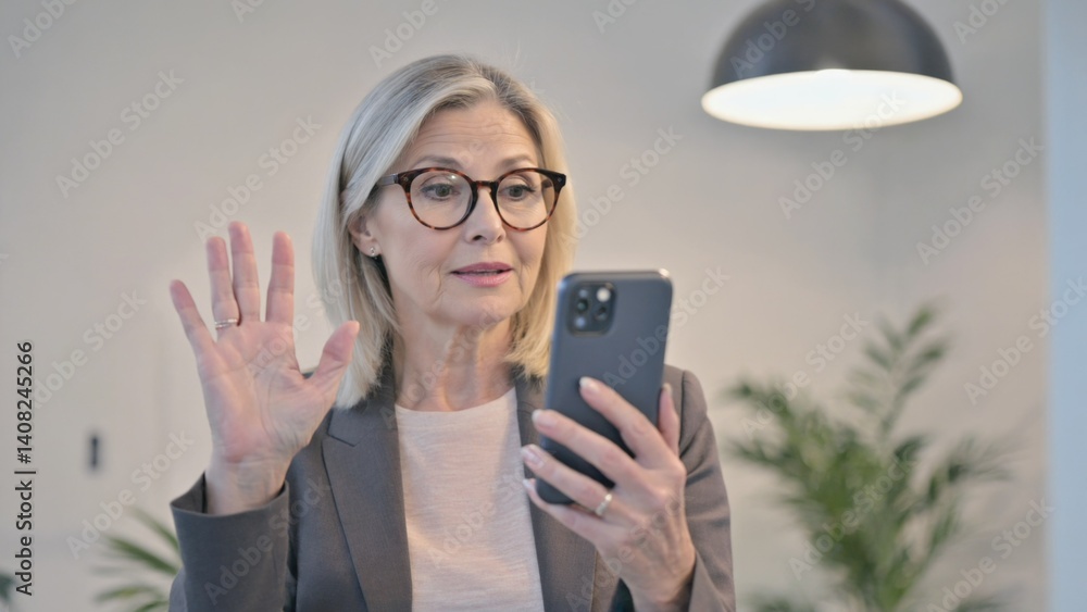 A woman waving at the camera while checking her phone.